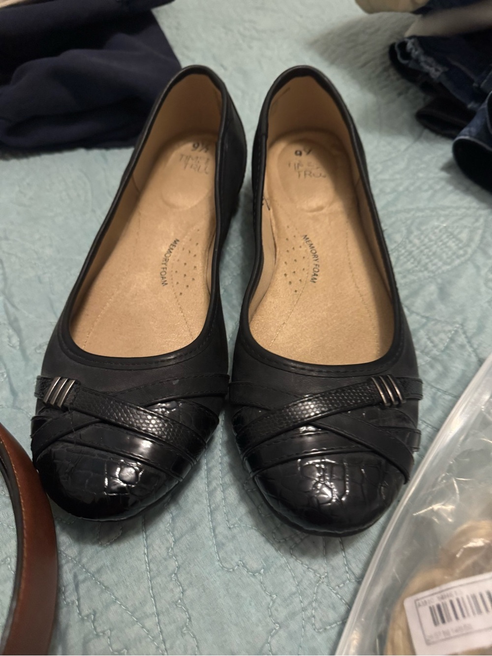 Time and Tru Black Women's Ballet Flats with Croc-Textured Toe